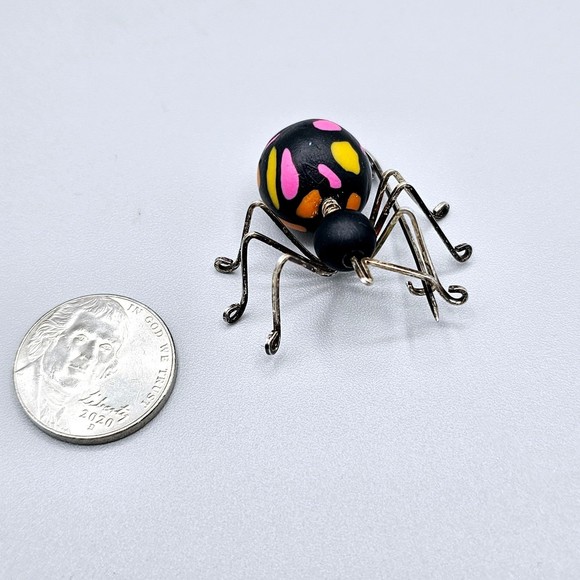 Vintage Spider Brooch 925 Sterling Silver Clay Halloween Black Widow - Picture 12 of 12